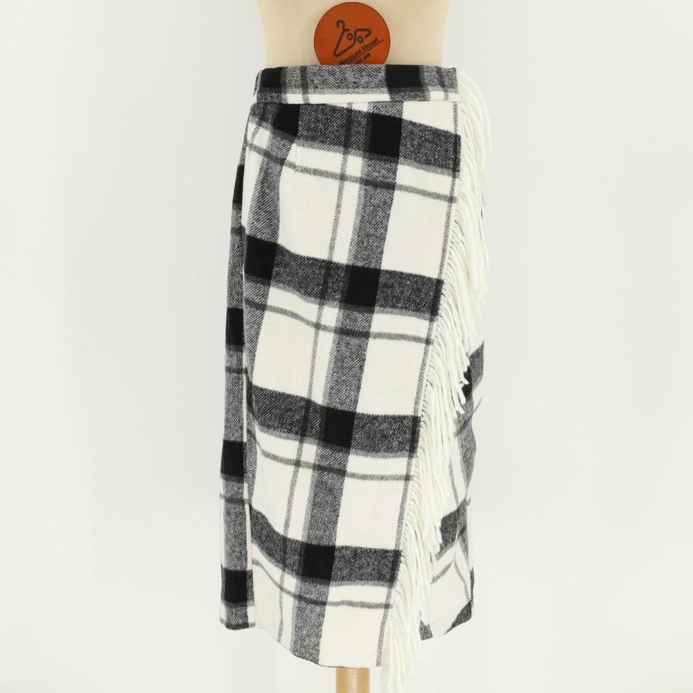 Mare Mare x Anthropologie Plaid Fringe Wrap‎ Midi Skirt Black White Small Petite